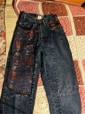 Dark Blue “No Jeans” Boyfriend Jeans with Floral Brocade Panel